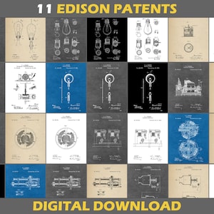 May include: A digital download of 11 Edison patents. The patents are for various inventions, including the incandescent light bulb, the phonograph, and the electric generator. The patents are in black and white and have a vintage look.