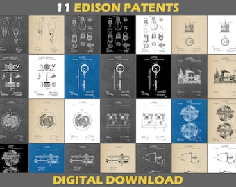 11 Thomas Edison Patent Poster Prints, Digital Download, Set, Physics Science Gift, Electrical Engineer Blueprint