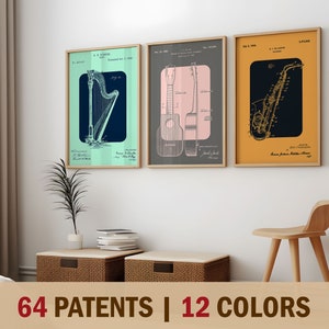 64 Music Patent Poster Bundle, 12 Colors, Bundle Includes: Guitar, Drums, Piano, Violin and other instrument prints