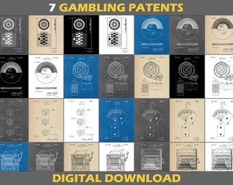 7 Casino Patent Poster Prints, Digital Download, Set, Gambling Gifts, Poker Casino Cards, Blueprint Wall Art,  Gift
