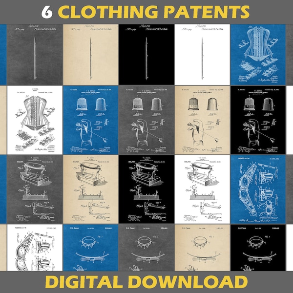 6 Clothing Patent Poster Print, Digital Download, Set, Tailor Sewing Room Decor, Fashion Poster Gift, Blueprint, Framed Prints,