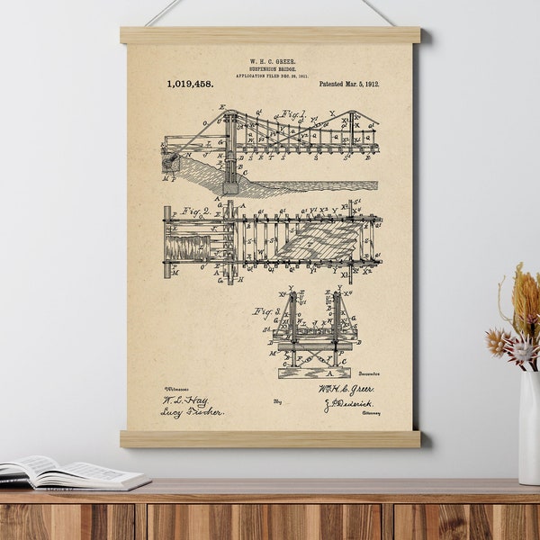 Suspension Bridge Patent Poster, Automotive, Mechanical Civil Engineering Gifts, Architecture Prints, Blueprint, Vintage