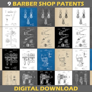 Pode incluir: Uma colagem de nove desenhos de patentes vintage para ferramentas e equipamentos de barbearia. Os desenhos são em preto e branco e apresentam várias ferramentas, incluindo navalhas, pentes e cortadores de cabelo. Os desenhos estão dispostos sobre uma variedade de fundos, incluindo azul, cinza e bege.