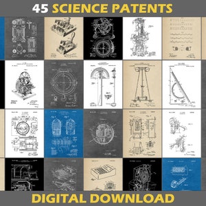 Peut inclure: Une collection de 45 brevets scientifiques, disponibles en téléchargement numérique. Les images présentent des dessins techniques détaillés dans divers styles, y compris des plans et des illustrations en niveaux de gris. Le texte "45 SCIENCE PATENTS" et "DIGITAL DOWNLOAD" est affiché.