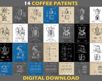 14 Coffee Patent Poster Prints, Digital Download, Set, Restaurant Coffee Shop Küche