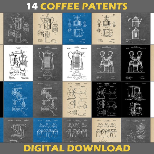 14 Coffee Patent Poster Prints, Digital Download, Set, Restaurant Coffee Shop Kitchen