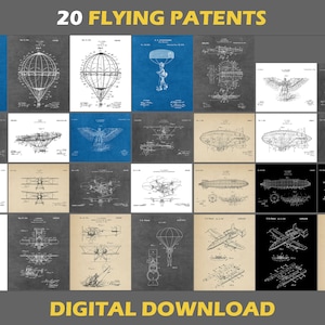 May include: A digital download of 20 vintage flying machine patent illustrations. The illustrations are in black and white and feature various designs for airplanes, airships, and helicopters. The title "20 FLYING PATENTS" is at the top of the image, and the text "DIGITAL DOWNLOAD" is at the bottom.