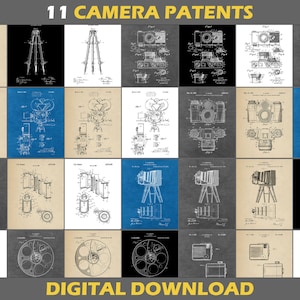 May include: A digital download of 11 vintage camera patent illustrations. The illustrations are in black and white and feature various camera designs, including tripods, film cameras, and projectors. The text "11 CAMERA PATENTS" and "DIGITAL DOWNLOAD" is included in the image.