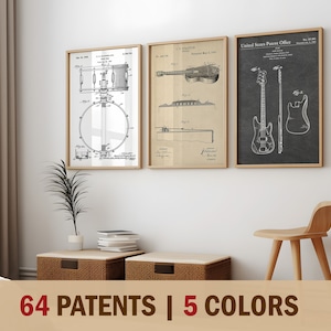 May include: Three framed vintage patent prints of musical instruments. The prints are in black and white and feature a drum, a guitar, and a bass guitar. The prints are displayed on a white wall with a wooden chair and two side tables.