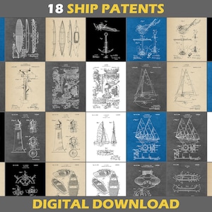 Könnte beinhalten: Ein digitaler Download von 18 Vintage-Schiffs-Patent-Illustrationen. Die Illustrationen sind in Schwarzweiß und zeigen verschiedene Schiffstypen, darunter Segelboote, Motorboote und Leuchttürme. Der Titel "18 SHIP PATENTS" befindet sich oben im Bild, und der Text "DIGITAL DOWNLOAD" befindet sich unten.
