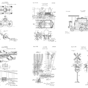 Peut inclure: Une illustration en noir et blanc de six dessins de brevets diff&eacute;rents pour du mat&eacute;riel ferroviaire. Les dessins montrent une locomotive, un panneau de passage &agrave; niveau et un aiguillage.