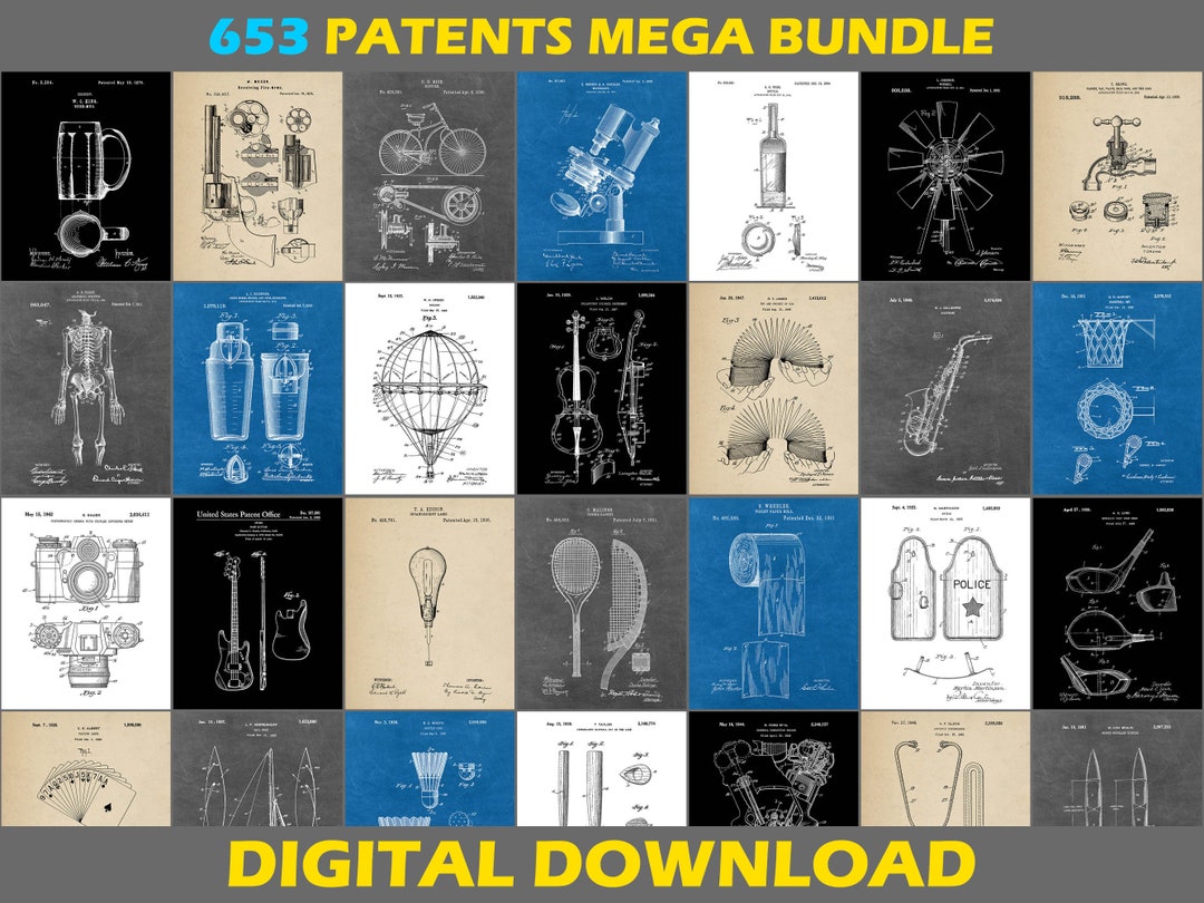 653 MEGA Vintage Patent Posters Bundle, Digital Print Set, Retro Blueprint, Gift for Engineer ...