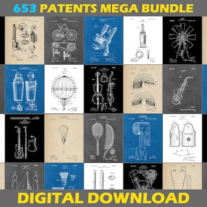 653 MEGA Paquete de carteles de patentes vintage, conjunto de impresión digital, plano retro, regalo para ingenieros hombres ella, arte de pared imprimible minimalista