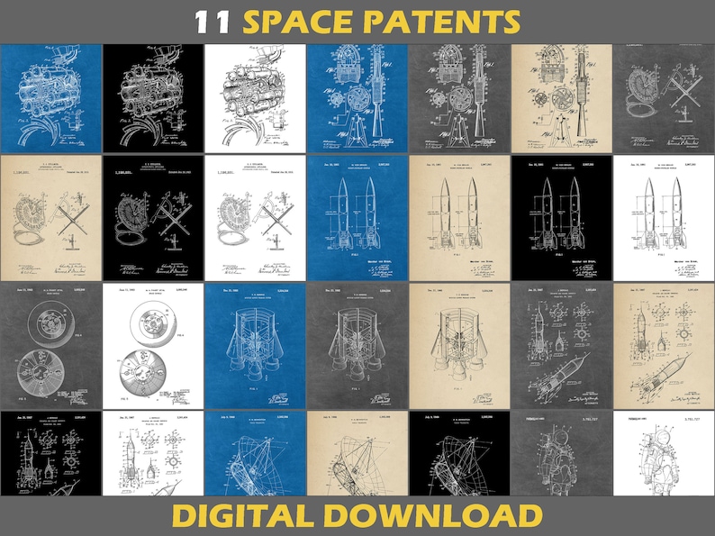 May include: A digital download of 11 space patent prints. The prints feature black and white line drawings of rockets, spacecraft, and other space-related inventions. The prints are arranged in a grid pattern on a gray background.
