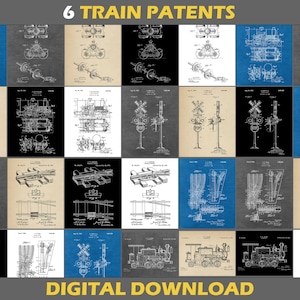 May include: A digital download of six vintage train patents. The patents are in black and white and feature various train parts and designs. The images are on a variety of backgrounds, including blue, gray, and beige.