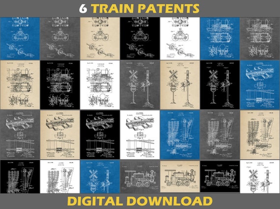 6 Train Patent Poster Prints, Digital Download set, Railroad Engineering Prints, Gifts For Men, Prints, Blueprint Wall Art