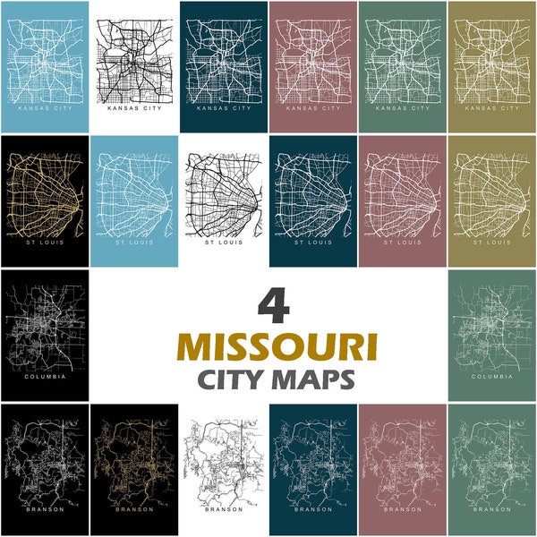 4 Missouri State City Maps, Set includes: Branson, Columbia, Kansas City and St. Louis Map Poster Prints