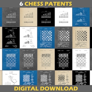 6 Chess Patent Poster Prints, Digital Downloas, Set, Sport Gift for Mens Kids, Framed Prints, Blueprint Wall Art