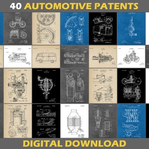 40 Automotive Patent Poster Prints, Digital Download, Set, Car Automotive Mechanical Engineer Gifts, Blueprint Wall Art
