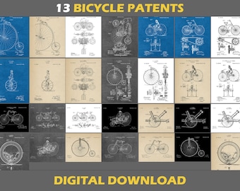 13 Bicycle Patent Poster Prints, Digital Download, Set, Vintage Cycling Gift, Mechanic Engineer Blueprint, Framed Prints