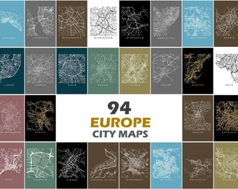 94 Europe City Maps, Set includes: London. Barcelona, Berlin, Oslo, Lisbon, Paris, and more Map Poster Prints