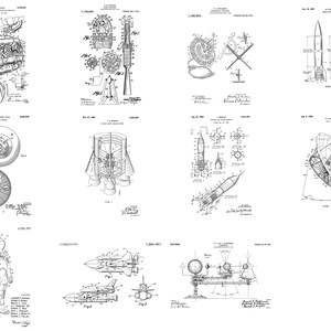 May include: A collection of black and white line drawings of various space-related inventions, including rockets, spaceships, and a space suit. The drawings are from old patent applications.