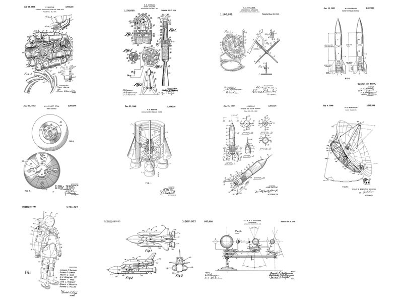 May include: A collection of black and white line drawings of various space-related inventions, including rockets, spaceships, and a space suit. The drawings are from old patent applications.