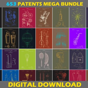 May include: A digital download of 653 patent illustrations. The illustrations are in black and white and feature a variety of objects, including a beer mug, a bicycle, a microscope, a bottle, a windmill, a faucet, a skeleton, a cocktail shaker, a hot air balloon, a violin, a saxophone, a basketball hoop, a camera, a guitar, a tennis racket, a toilet paper roll, a police badge, a golf club, a speedometer, a rocket, a badminton racket, a pair of scissors, a motor, a baseball bat, and a bullet.