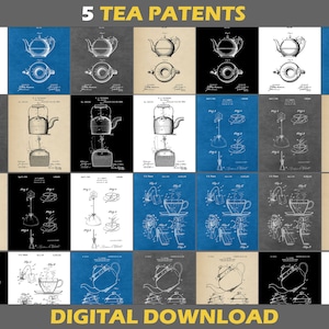 5 Tea Patent Poster Prints, Digital Download, Set, Blueprint Wall, Kitchen Restaurant