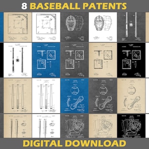 May include: A digital download of 8 vintage baseball patent prints. The prints feature black and white illustrations of baseball equipment, including bats, gloves, helmets, and bases. The prints are arranged in a grid on a white background.