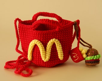 Crochet McDonald's bag, knit portable bag, bag for kids, handmade bag with hamburger and fries ornaments, red bag