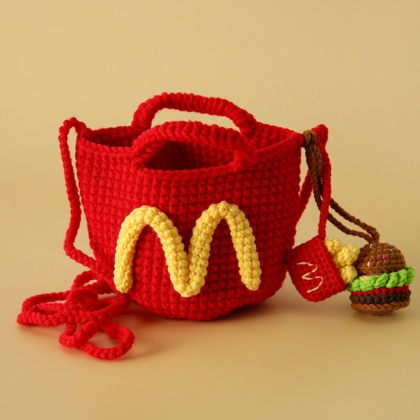 Crochet McDonald's bag, knit portable bag, bag for kids, handmade bag with hamburger and fries ornaments, red bag