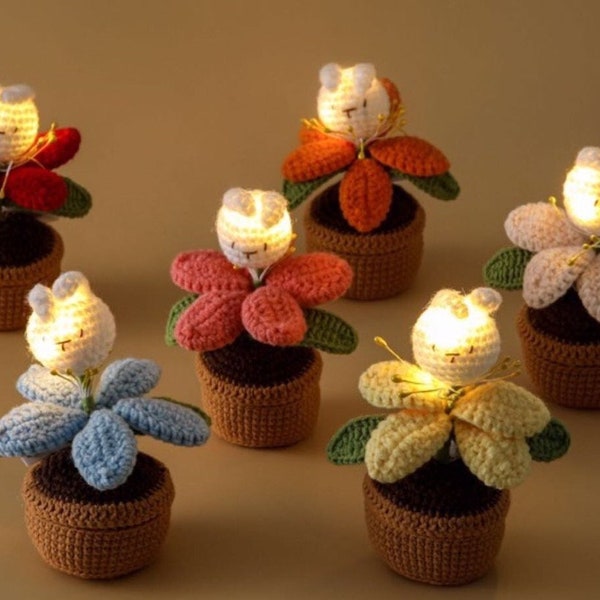 Lampe de la nuit au crochet, fleur et lapin, tricot cadeau, plantes au crochet fait à main