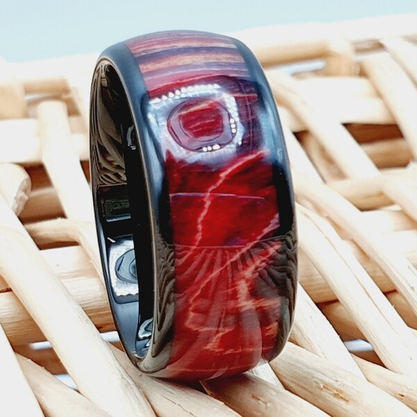 Burl Wood Wedding Ring, Red Wood Wedding Ring, Black Tungsten Ring, Anniversary Ring, Engagement Ring,Red Blue Purple Exotic Dyed Wood Inlay