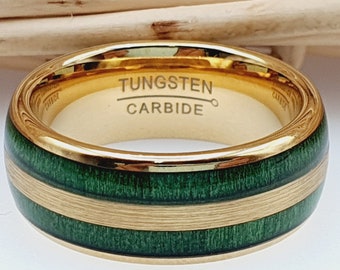 Jade Wedding Ring - Yellow Gold Tungsten Ring - Wedding Band - Green Tungsten Ring - Green Jade Wood Inlay Engagement Ring - Mens Woman Ring