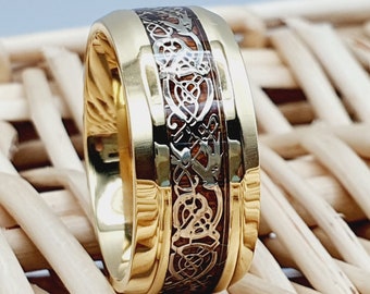 Couple Ring Bands, Yellow Gold Irish Ring,Celtic Wedding Band,Gold Wedding Band,Rosewood Wedding Ring, Titanium Men's Band, Valentines Gifts