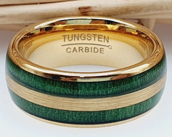 Jade Wedding Ring - Yellow Gold Tungsten Ring - Wedding Band - Green Tungsten Ring - Green Jade Wood Inlay Engagement Ring - Mens Woman Ring