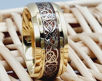 Anillo irlandés de oro amarillo, banda de bodas celta, banda de bodas de oro, anillo de titanio, anillo de bodas de palisandro, banda de hombres de titanio, bandas de anillos de pareja