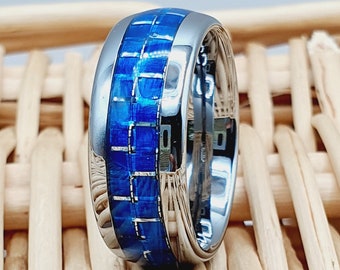 Blue Carbon Fiber Inlay Wedding Band Ring Silver Engagement Band Carbo Fiber Anniversary Band Silver Tungsten Wedding Ring for Men Her Rings