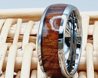 Mens Engagement Rings, Men or Woman Hardwood Band Anniversary Ring, Men's Wedding Band 8mm Hawaiian Koa Wood Ring Vintage Dome Wedding Band