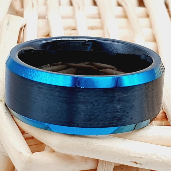 Mens 8 mm Wedding Band, Engagement Wedding Ring, Two Tone Tungsten Band, Brushed Finish Centre, Black And Blue Gents Tungsten Wedding Band