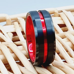 Red & Black Tungsten Ring Mens Wedding Band, Thin Red Line Gifts, Mens Promise Ring, Tungsten Wedding Band Mens Ring, Firefighter Gift Bands