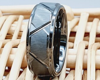 Tungsten Ring with Triangle Angle Grooves and Raised Center Ring Men's Geometric Band Mens Ring Engagement Ring Womans Ring Gift For Husband