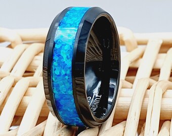 Blue Green Opal Wedding Band Men Women Ring 8MM Domes Bright Shiny Design His or Her Anniversary Special Gift,Black Tungsten Engagement Ring