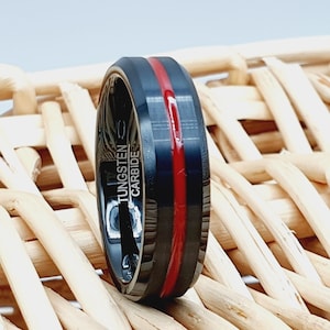 Engraved Firefighter Thin Red Line Ring | Mans Wedding | Black Tungsten Band | Black Wedding Ring | Mens Firefighter Ring | Anniversary Gift