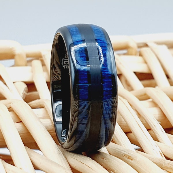 Blue Wood Ring, Mens Wedding Band, Exotic Blue Wood Inlay Ring, Dome Wedding Band, 8mm Black Anniversary ring engagement rings, Women’s Ring