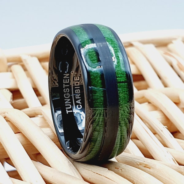 Black Tungsten Ring With Exotic Green Wood Inlay Wedding Band, 8 MM Mens Wood Wedding Ring, Unique Promise Ring For Him, Wooden Ring for Men