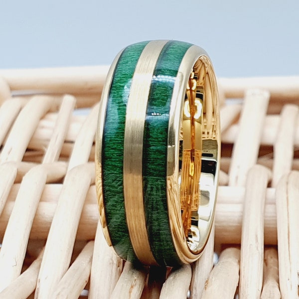 Wedding Ring - Yellow Gold Tungsten Ring - Wedding Band - Green Tungsten Ring - Green Wood Inlay Engagement Ring - Mens Woman Ring