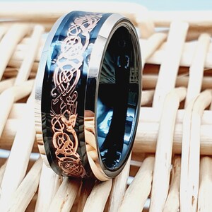 Rose Gold Celtic Dragon Tungsten Ring, Celtic Wedding Ring, Rose Gold Ring, Viking Ring, Mens Wedding Band, Black Celtic Knot Ring, Womans image 6