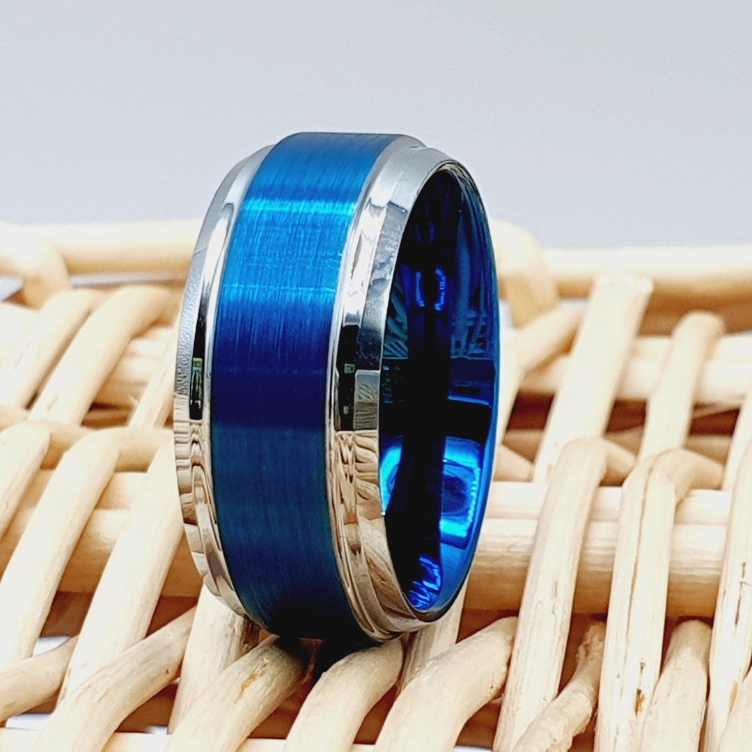 Mens Blue Wedding Ring, Thick Wedding Band, Blue and Silver Ring, Mens